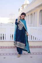 Premium Blue Velvet Round Neck Top Pant Set with Tebby Silk Dupatta