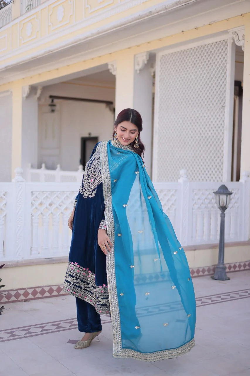 Premium Blue Velvet Round Neck Top Pant Set with Tebby Silk Dupatta