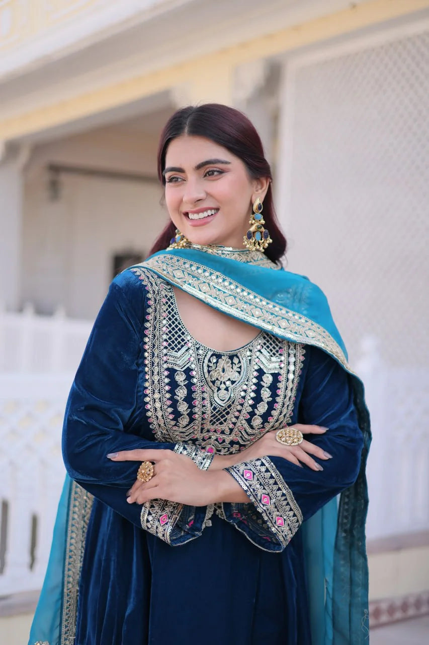 Premium Blue Velvet Round Neck Top Pant Set with Tebby Silk Dupatta