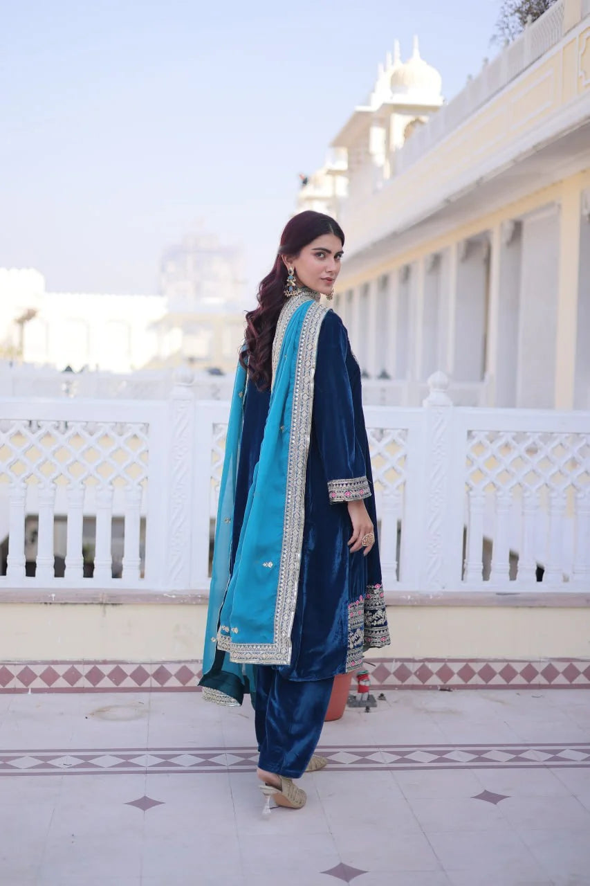 Premium Blue Velvet Round Neck Top Pant Set with Tebby Silk Dupatta