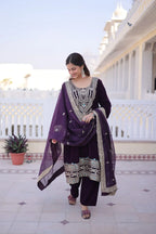Royal Wine Velvet Top Pant Set with Mirror Pattern & Zari Work