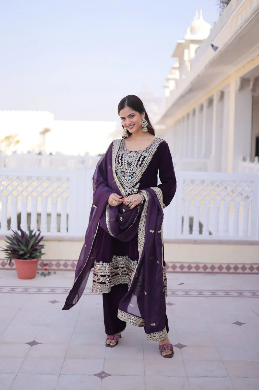 Royal Wine Velvet Top Pant Set with Mirror Pattern & Zari Work
