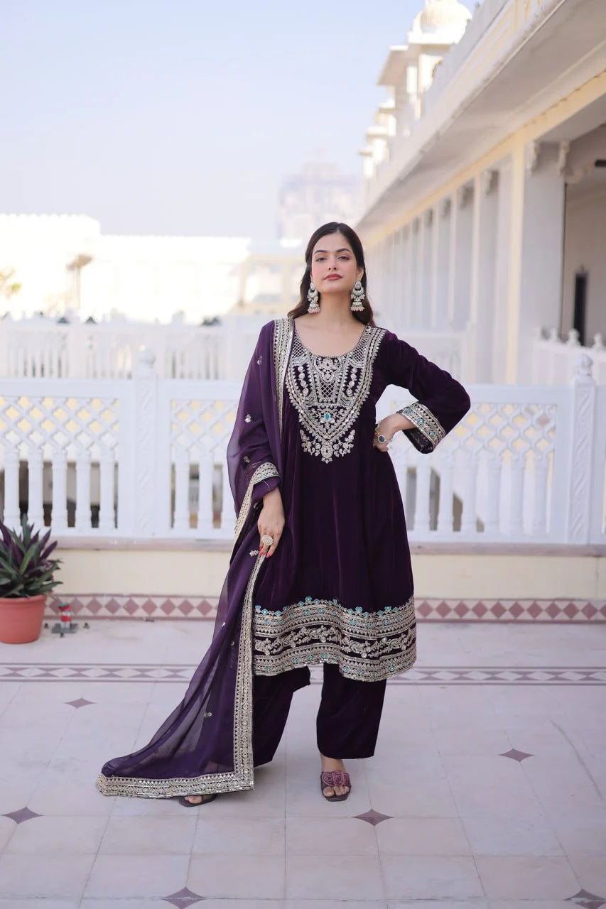 Royal Wine Velvet Top Pant Set with Mirror Pattern & Zari Work