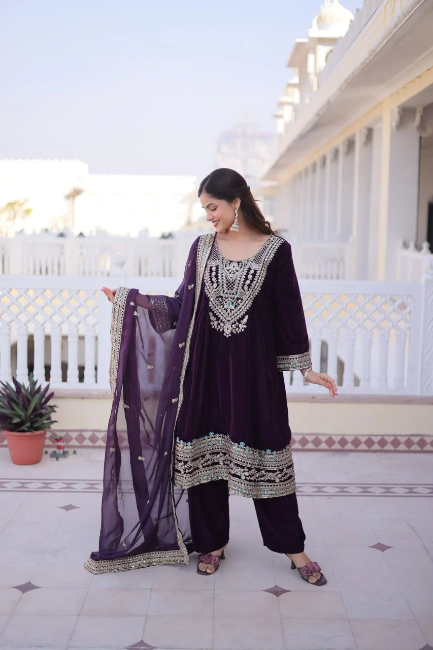 Royal Wine Velvet Top Pant Set with Mirror Pattern & Zari Work