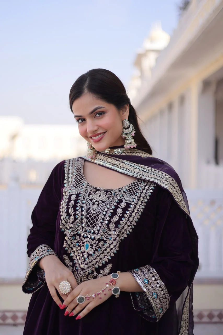 Royal Wine Velvet Top Pant Set with Mirror Pattern & Zari Work