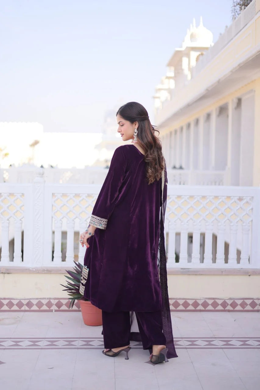 Royal Wine Velvet Top Pant Set with Mirror Pattern & Zari Work