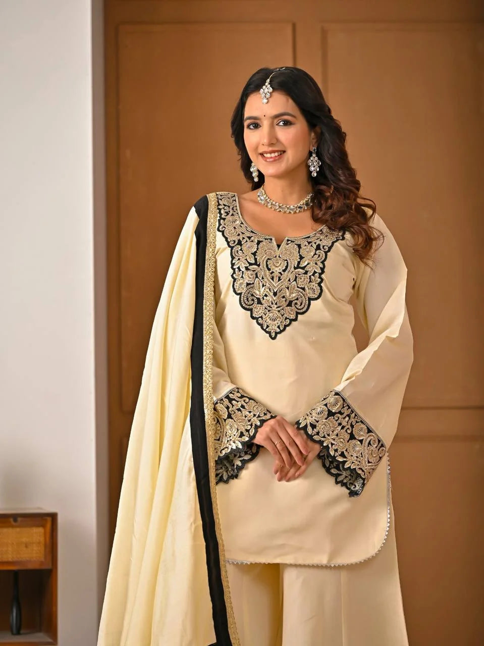 Elegant Roman Silk Sharara Suit with Embroidered Full Sleeve Top