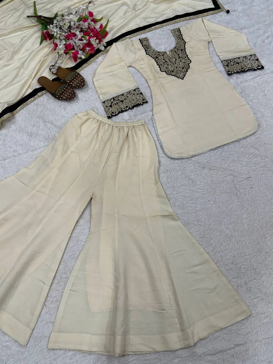 Elegant Roman Silk Sharara Suit with Embroidered Full Sleeve Top