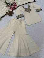 Elegant Roman Silk Sharara Suit with Embroidered Full Sleeve Top