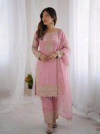 Premium Eid Collection: Embroidered Roman Glass Silk Suit with Moti Work