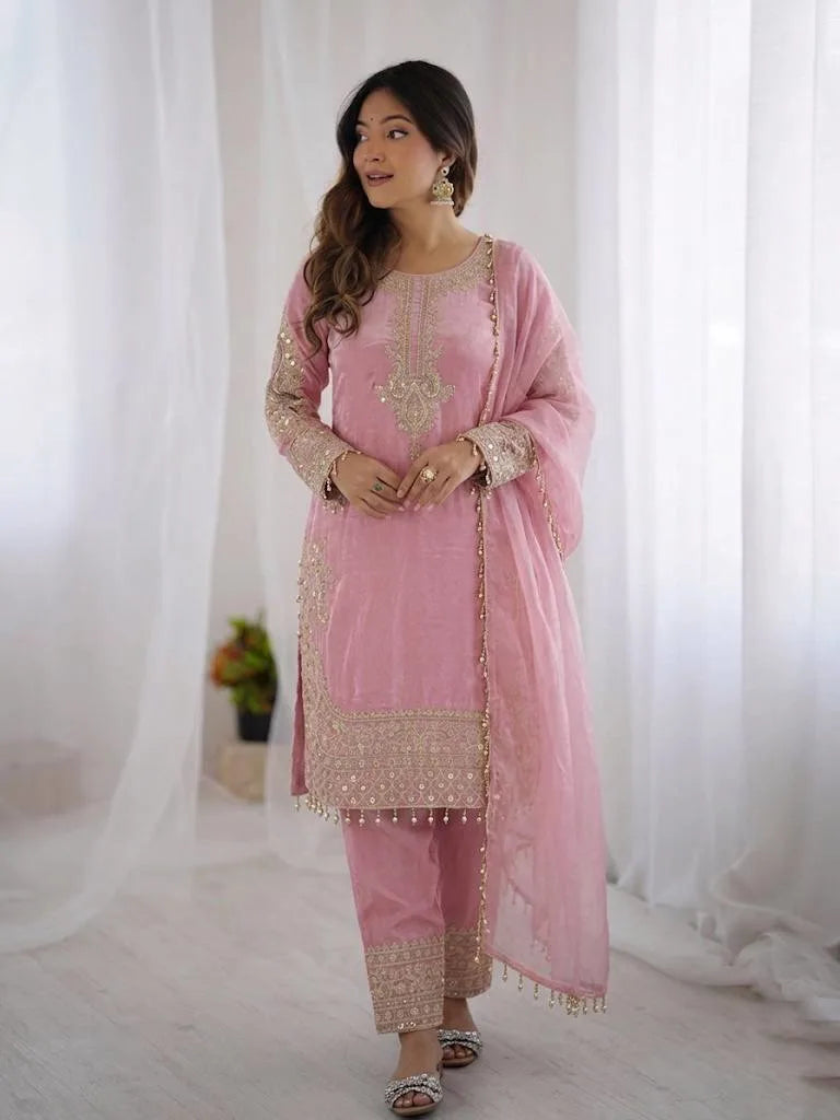 Premium Eid Collection: Embroidered Roman Glass Silk Suit with Moti Work