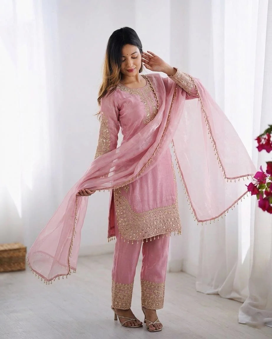 Premium Eid Collection: Embroidered Roman Glass Silk Suit with Moti Work
