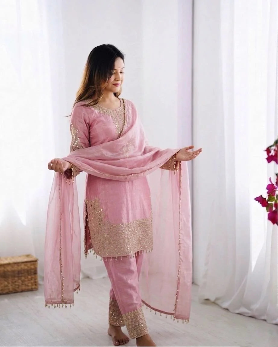 Premium Eid Collection: Embroidered Roman Glass Silk Suit with Moti Work