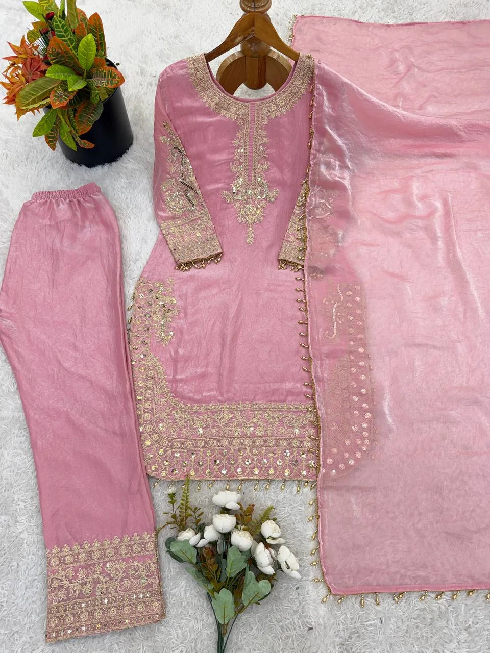 Premium Eid Collection: Embroidered Roman Glass Silk Suit with Moti Work