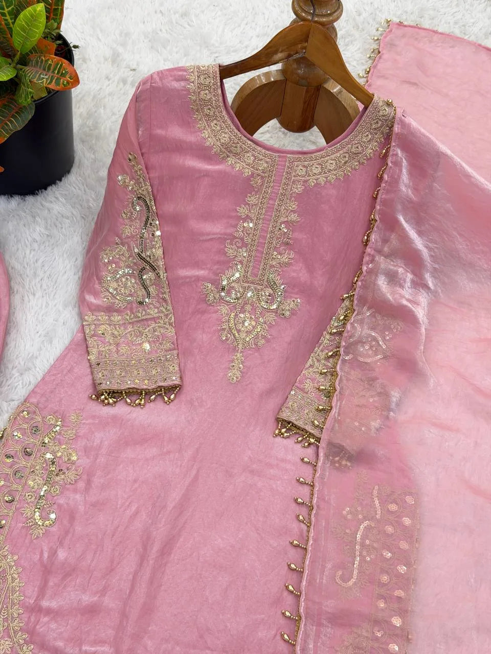 Premium Eid Collection: Embroidered Roman Glass Silk Suit with Moti Work