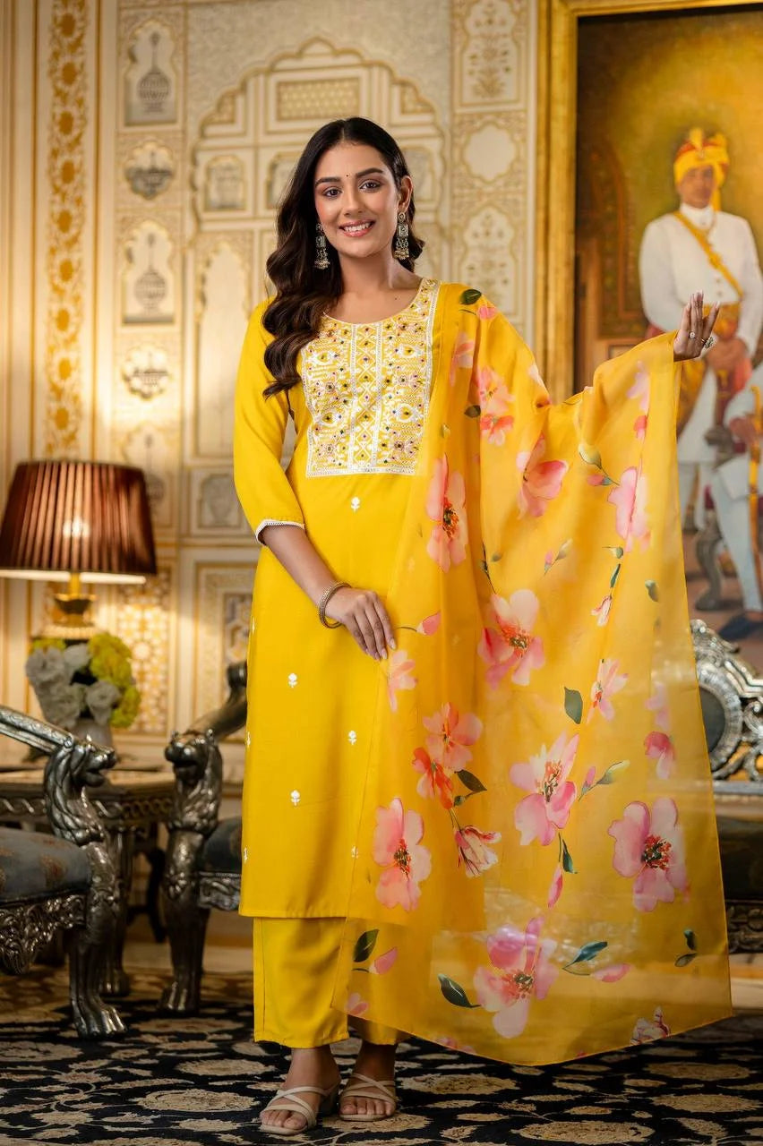 Viscose Rayon Embroidered Top Bottom Set with Printed Organza Dupatta