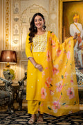 Viscose Rayon Embroidered Top Bottom Set with Printed Organza Dupatta