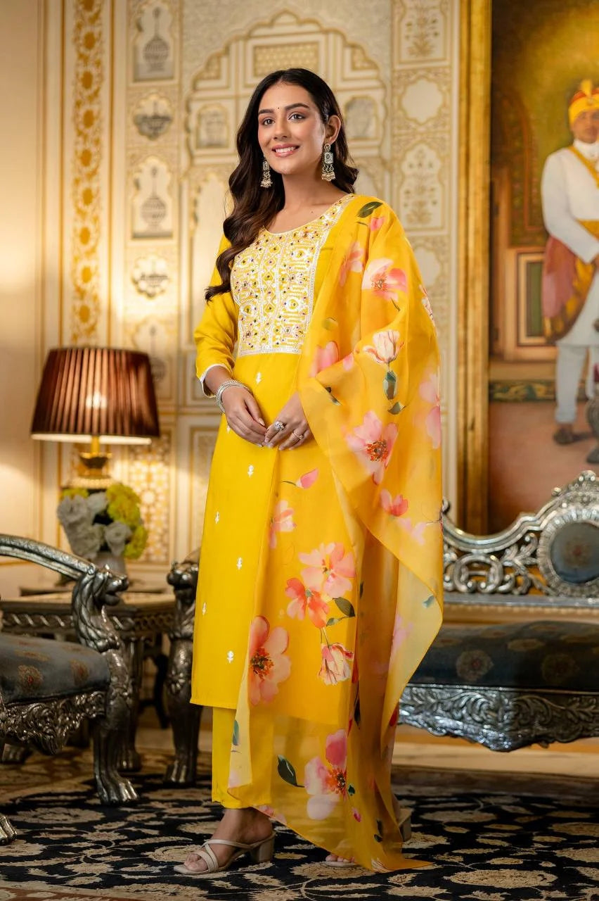 Viscose Rayon Embroidered Top Bottom Set with Printed Organza Dupatta
