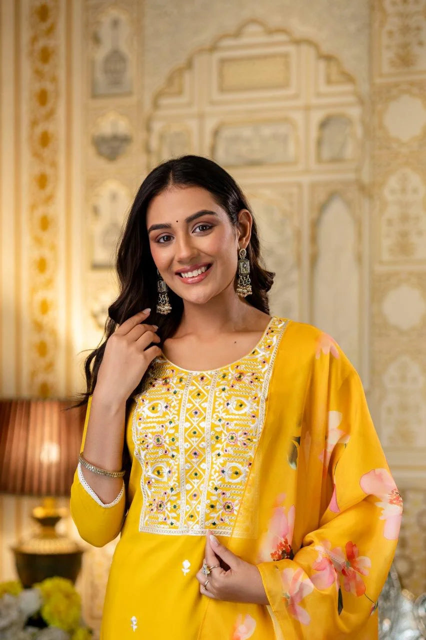 Viscose Rayon Embroidered Top Bottom Set with Printed Organza Dupatta