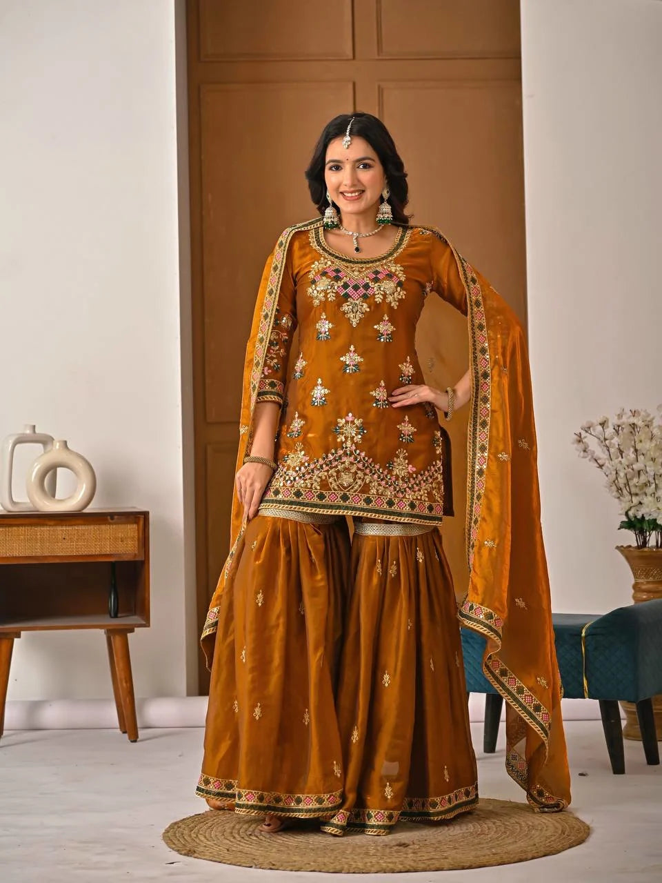 Traditional Fandy Silk Sharara Suit with Elegant Handwork Design