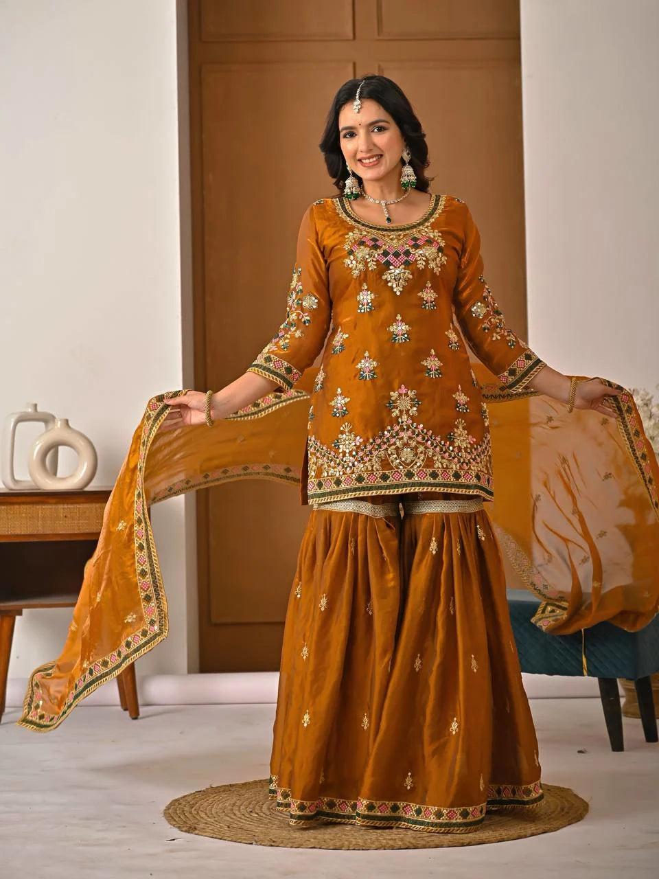 Traditional Fandy Silk Sharara Suit with Elegant Handwork Design
