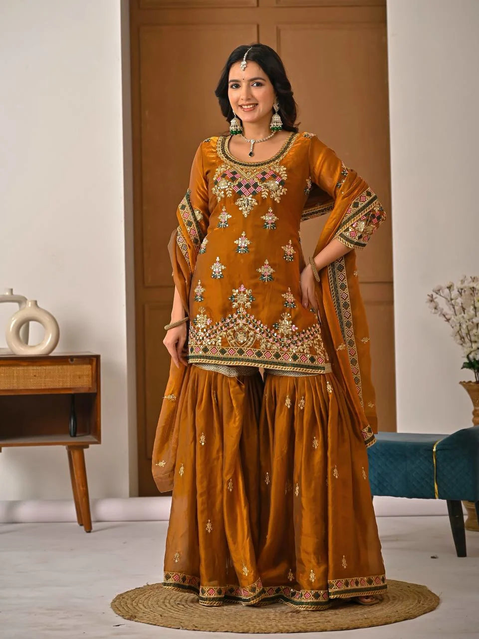 Traditional Fandy Silk Sharara Suit with Elegant Handwork Design