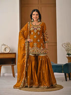 Traditional Fandy Silk Sharara Suit with Elegant Handwork Design