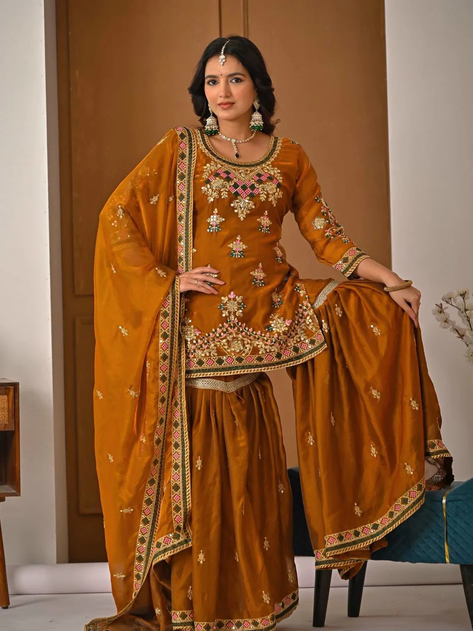 Traditional Fandy Silk Sharara Suit with Elegant Handwork Design