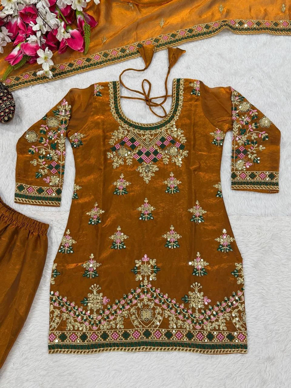Heavy Fandy Silk Embroidered Top Sharara Palazzo Set with Dupatta
