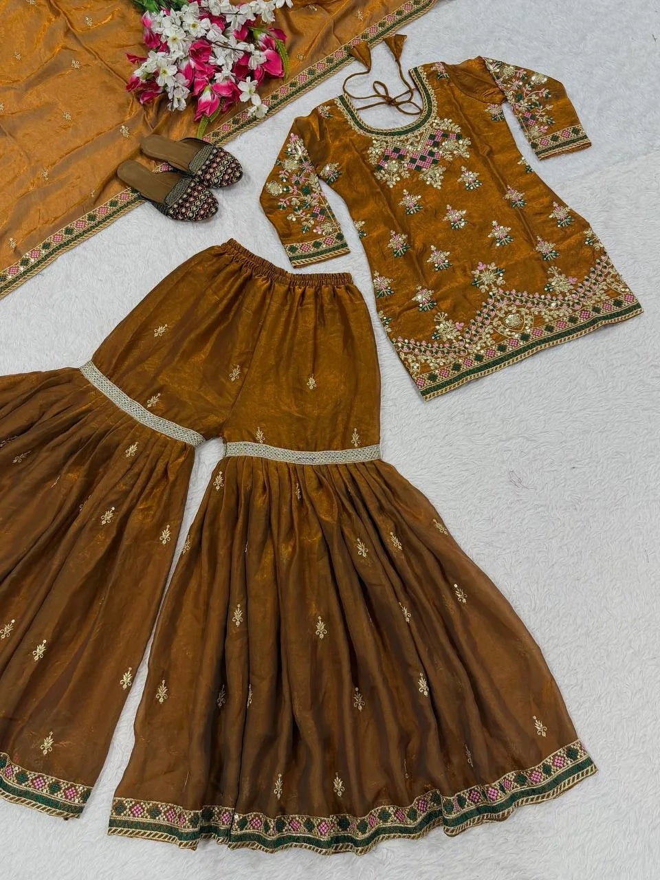 Traditional Fandy Silk Sharara Suit with Elegant Handwork Design