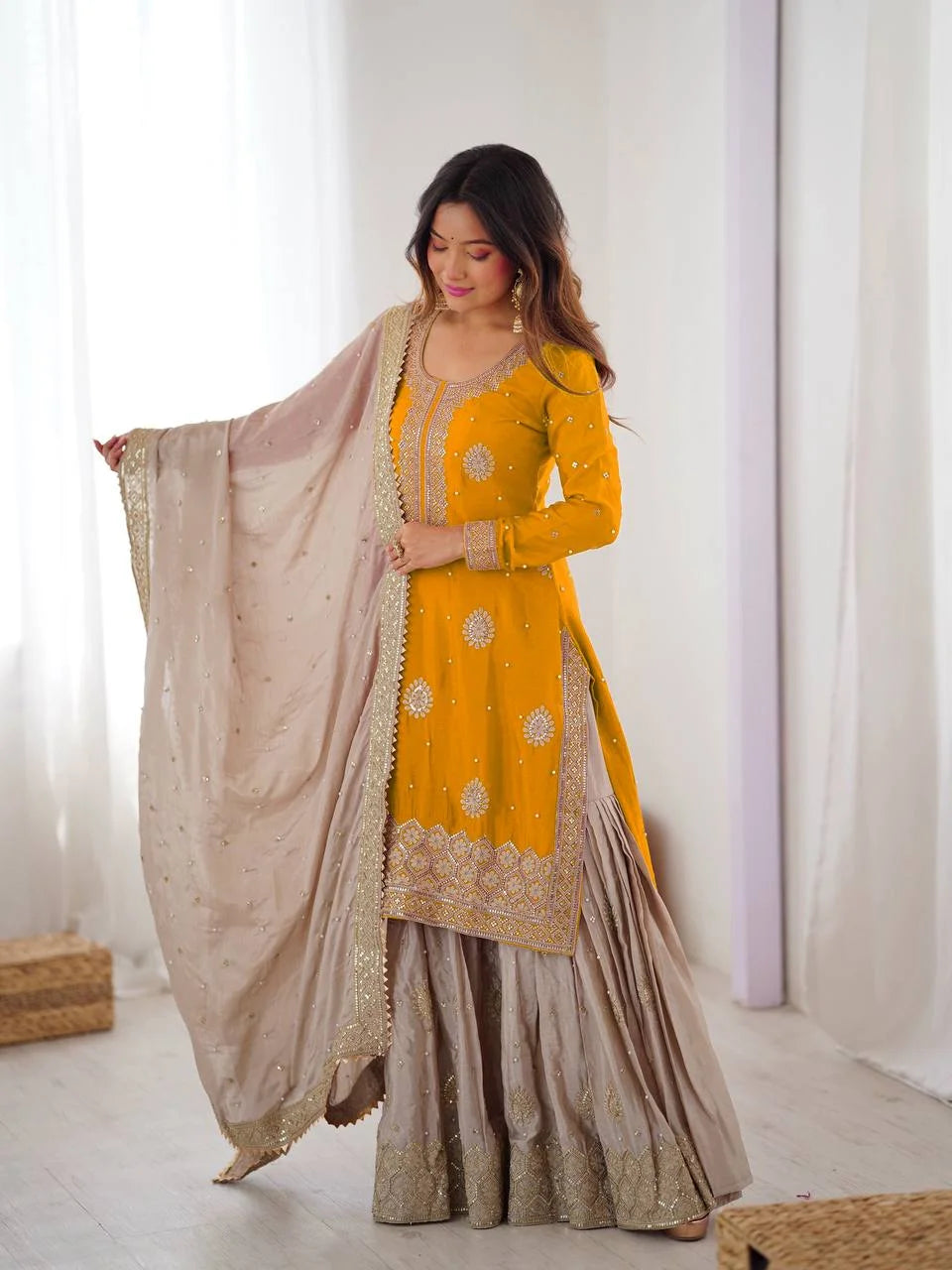 Royal Chinon Silk Pearl Embroidery Sharara Set