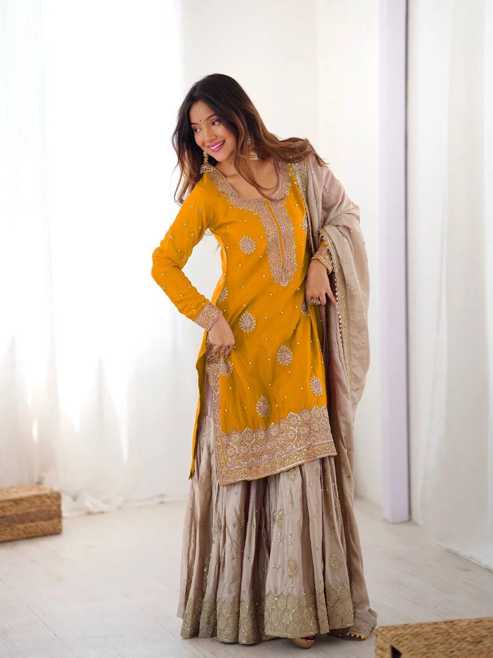 Royal Chinon Silk Pearl Embroidery Sharara Set