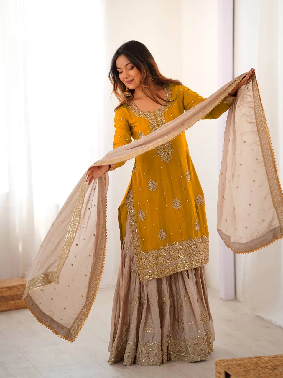Royal Chinon Silk Pearl Embroidery Sharara Set