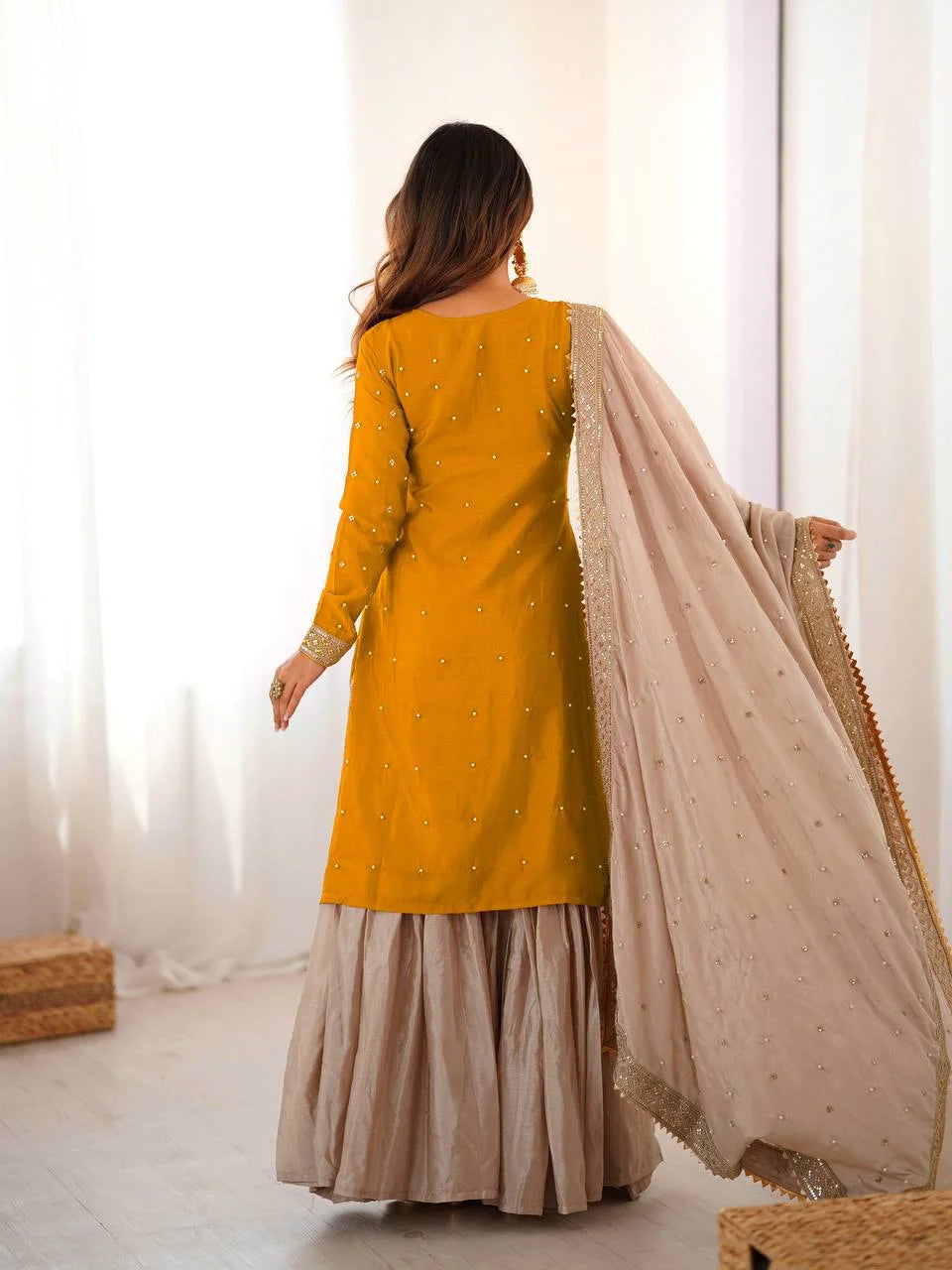 Royal Chinon Silk Pearl Embroidery Sharara Set