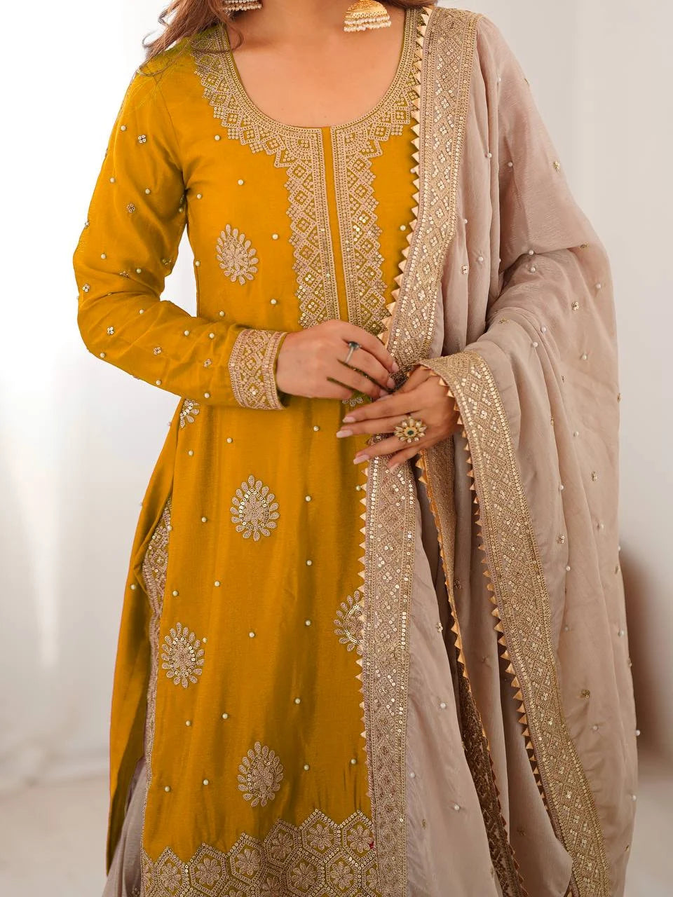 Royal Chinon Silk Pearl Embroidery Sharara Set