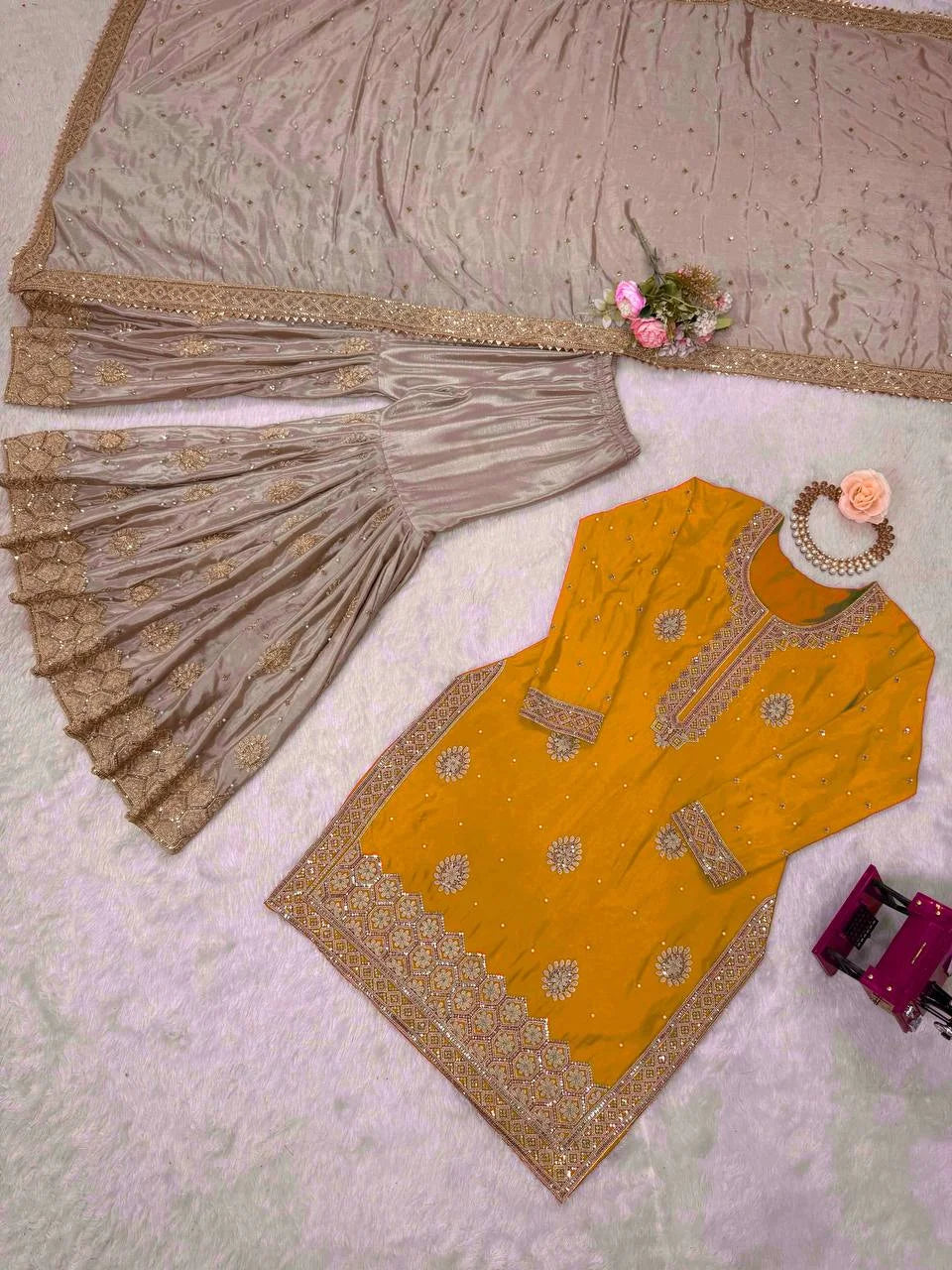 Royal Chinon Silk Pearl Embroidery Sharara Set