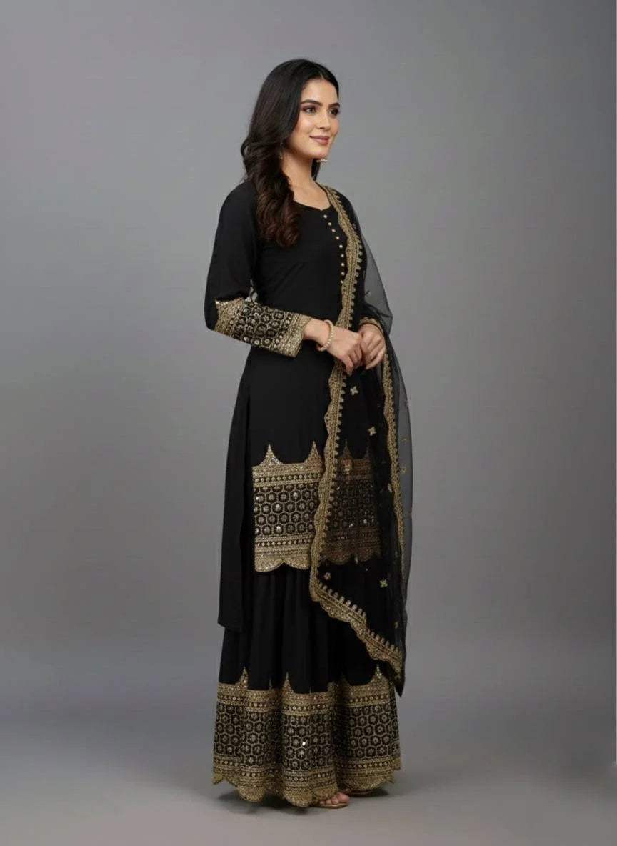 Occasion Wear Black Designer Top Sharara Dupatta Set