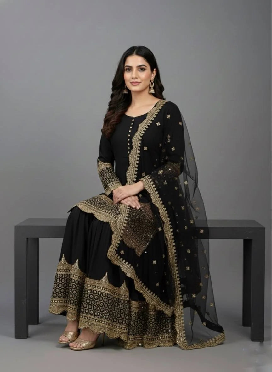 Occasion Wear Black Designer Top Sharara Dupatta Set