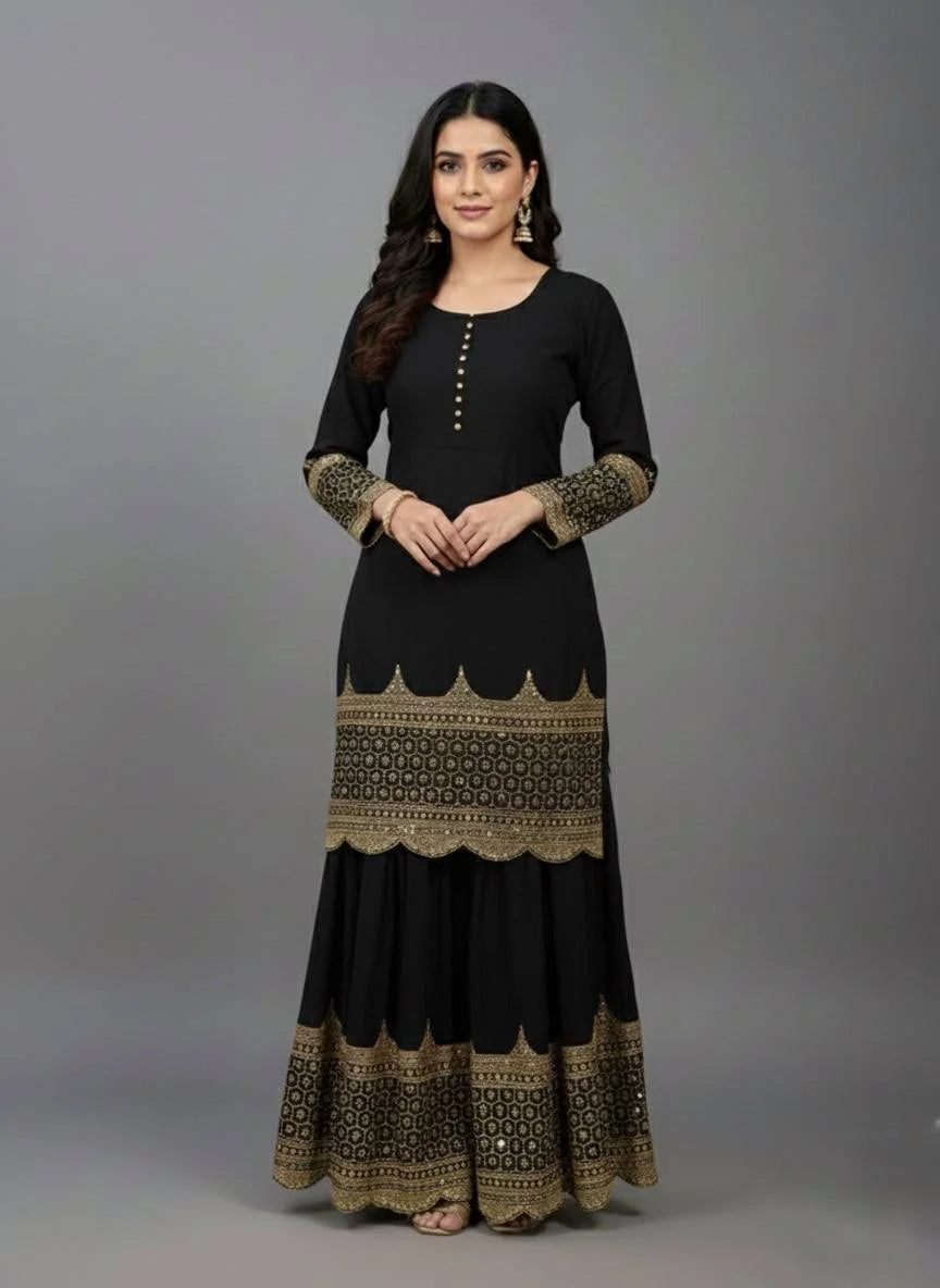 Occasion Wear Black Designer Top Sharara Dupatta Set