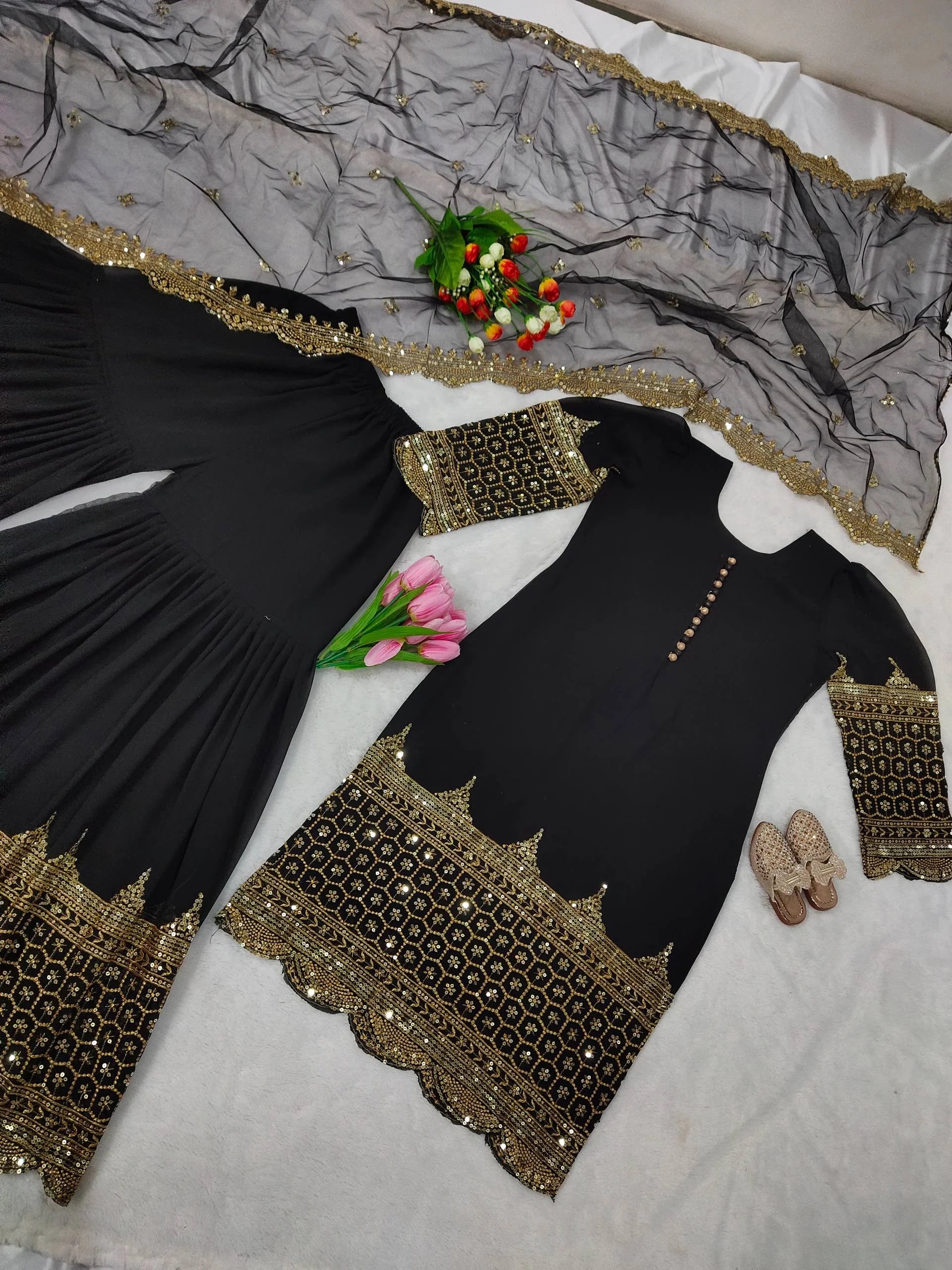 Occasion Wear Black Designer Top Sharara Dupatta Set