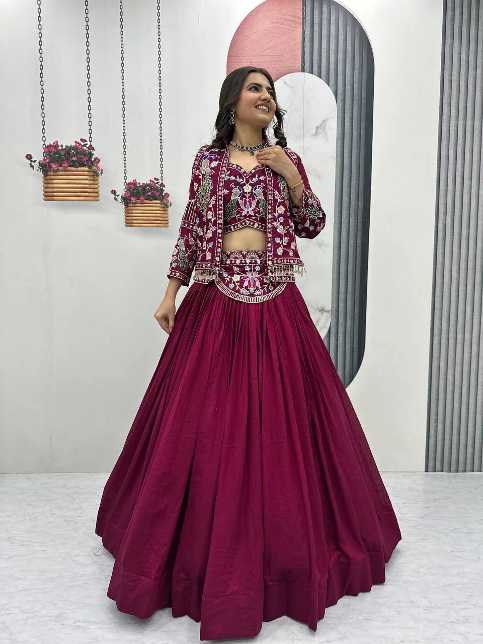 Red Embroidered Jacket Style Lehenga Choli