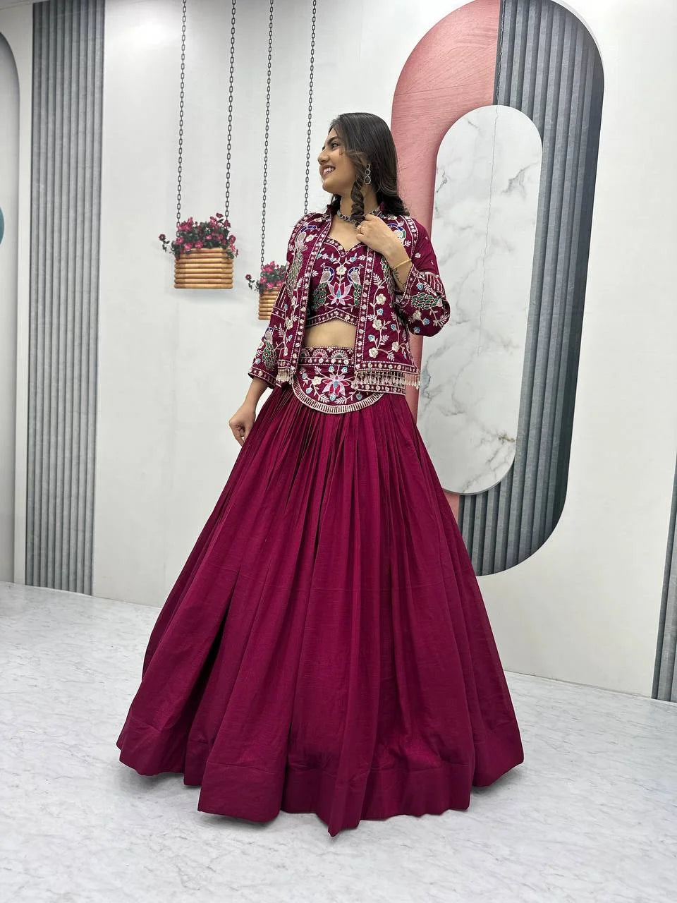 Red Embroidered Jacket Style Lehenga Choli