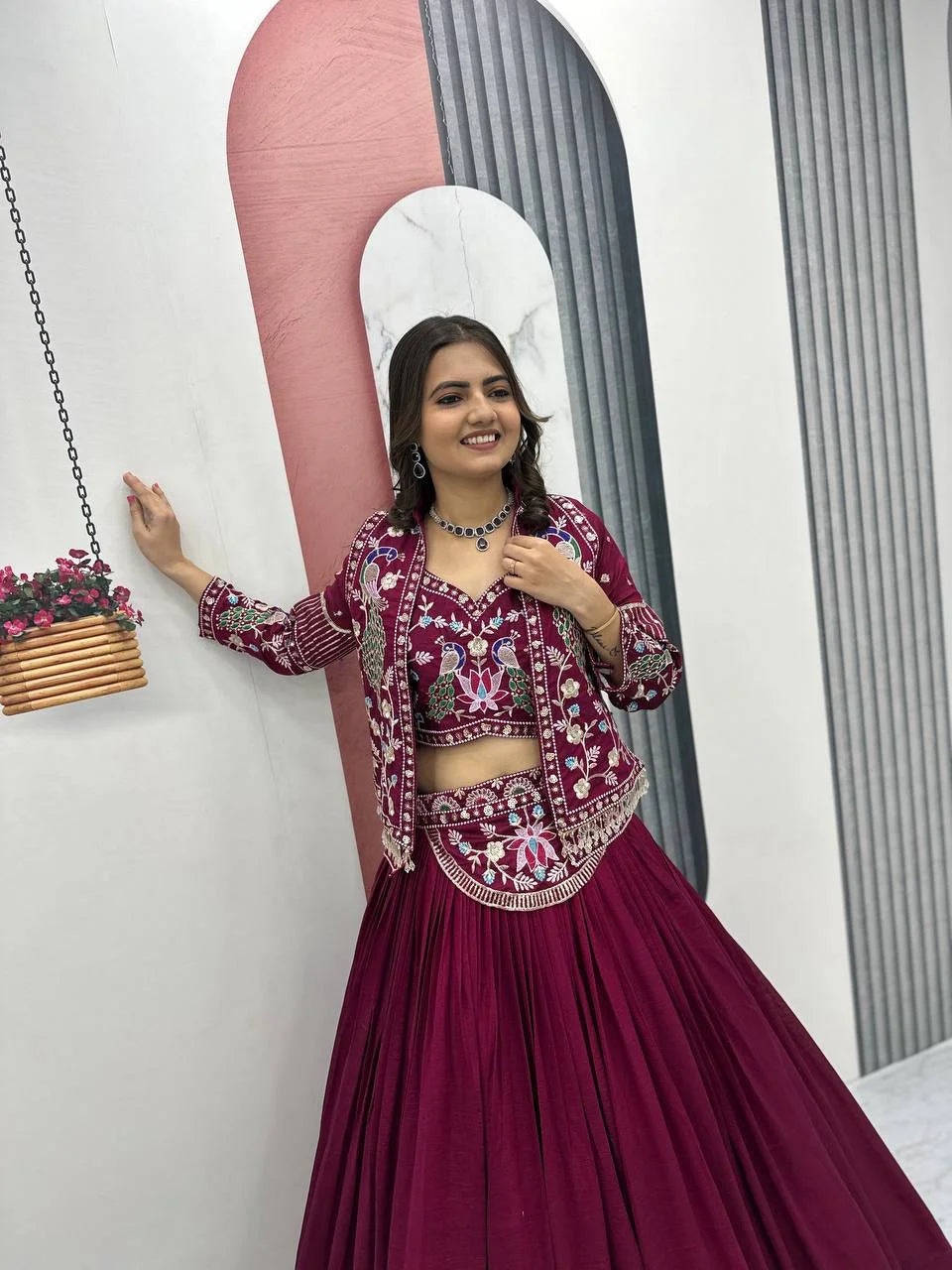 Red Embroidered Jacket Style Lehenga Choli