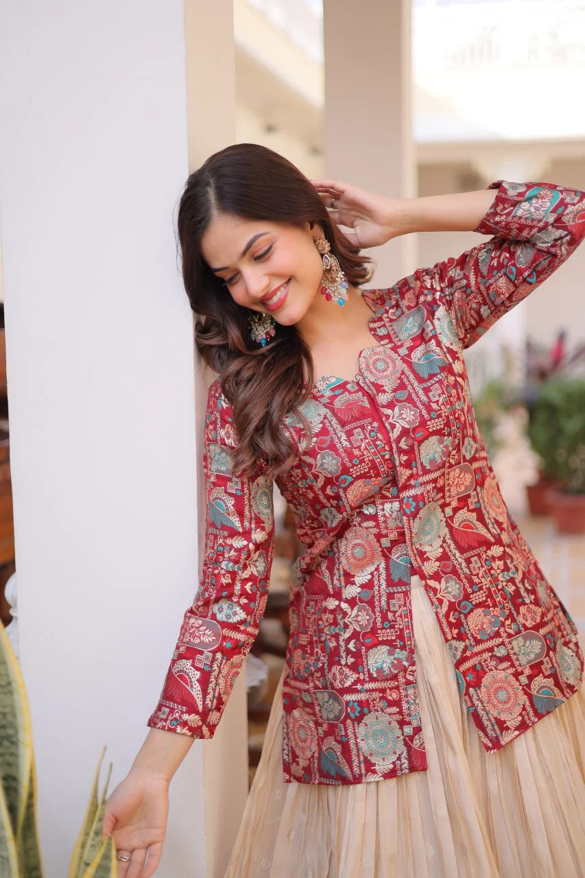 Cosmos Weaving Jacquard Lehenga Set with Full-Stitched Blouse