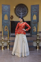 Red Chinon Silk Peplum Kurti with Heavy Embroidery and Flared Lehenga Set for Women