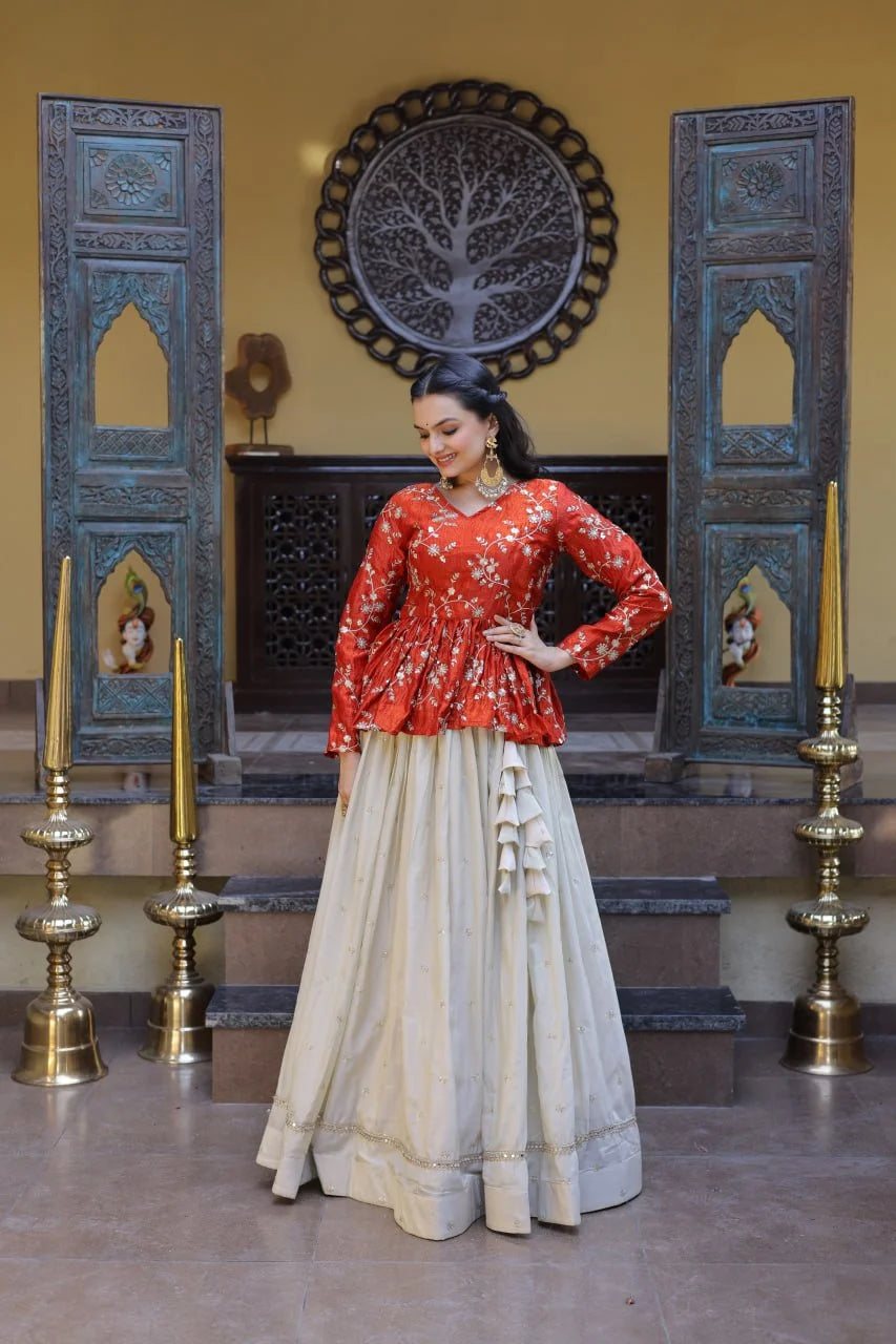 Red Chinon Silk Peplum Kurti with Heavy Embroidery and Flared Lehenga Set for Women