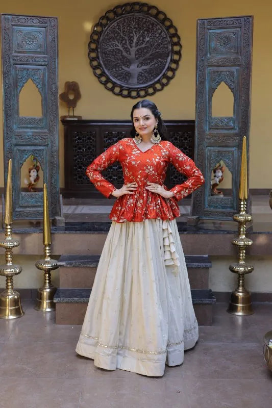 Red Chinon Silk Peplum Kurti with Heavy Embroidery and Flared Lehenga Set for Women