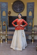 Red Chinon Silk Peplum Kurti with Heavy Embroidery and Flared Lehenga Set for Women