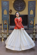 Red Chinon Silk Peplum Kurti with Heavy Embroidery and Flared Lehenga Set for Women