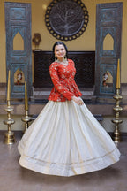 Red Chinon Silk Peplum Kurti with Heavy Embroidery and Flared Lehenga Set for Women